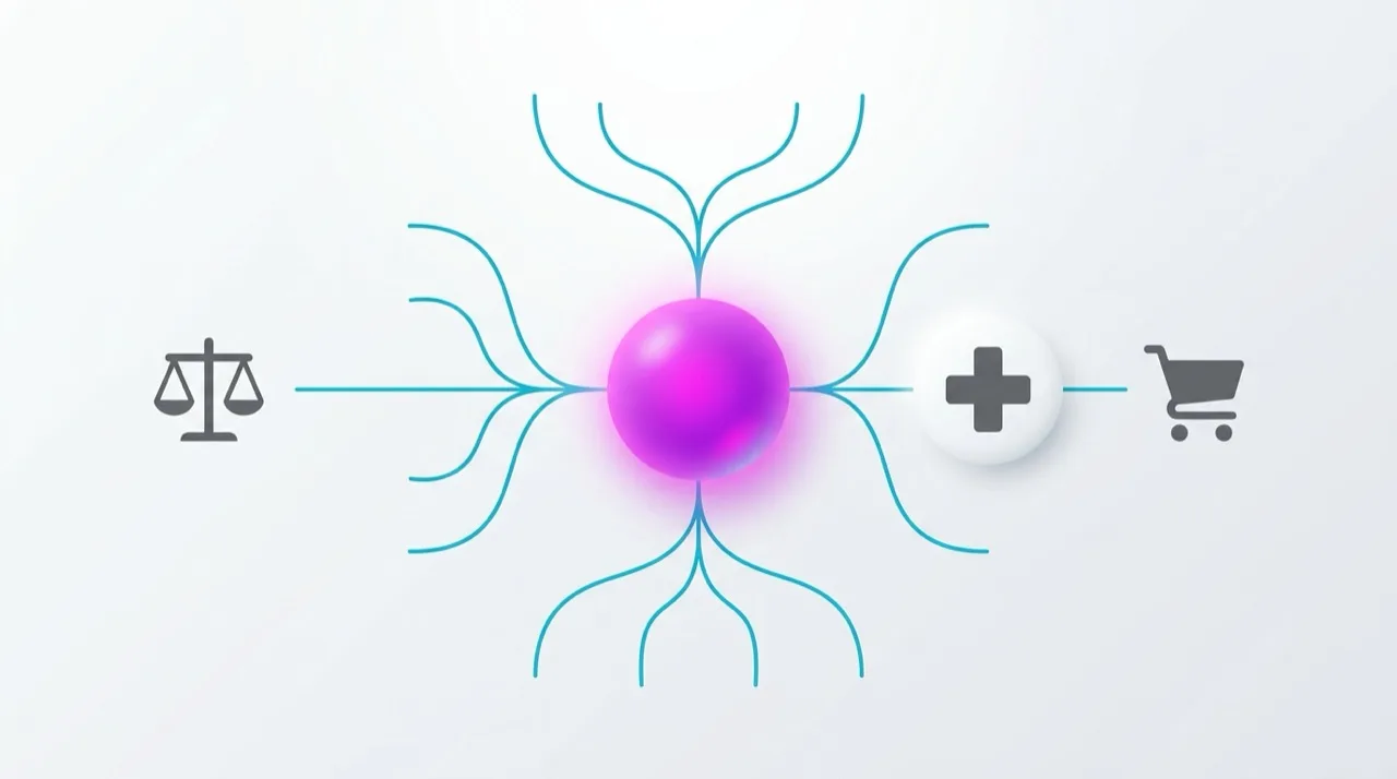 Agente IA empresa central conectado a tres sectores (legal, medical, ecommerce) mediante líneas cian sobre fondo neutro — arquitectura conceptual