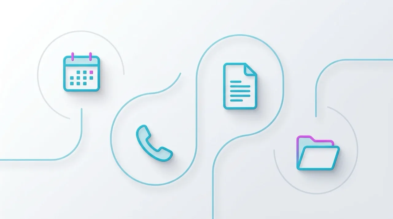 Iconos operativos de clínica privada (calendario, teléfono, documento, carpeta) conectados por líneas cian sobre fondo neutro — composición administrativa sin imaginería clínica