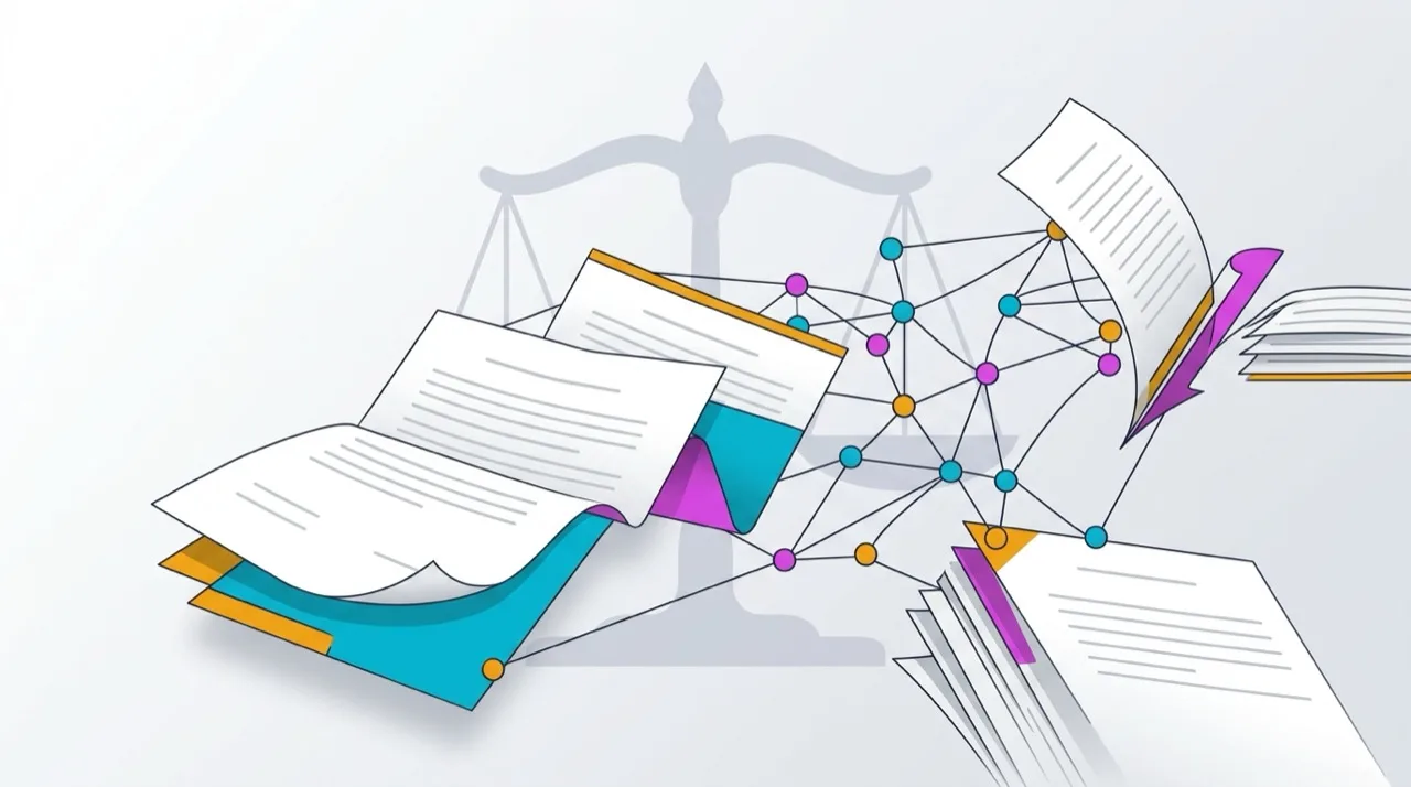 Composición editorial minimalista: documentos legales abstractos (contratos plegados, bordes de página) intersectando con nodos de red neuronal en paleta magenta-cian sobre fondo neutro claro — hero IA legal implementación despacho abogados España 2026